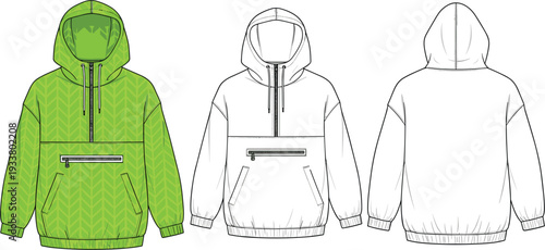 Technical flat sketch of hooded anorak jacket featuring quarter-zip closure pouch pocket and textured lime green fabric with front and back views for fashion design.