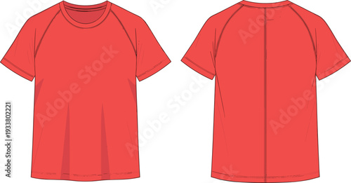 Technical fashion flat sketch of red raglan short sleeve t-shirt vector illustration front and back view for activewear apparel design and tech pack template.