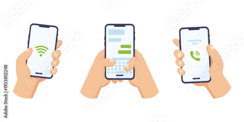 vector illustration of Three hands hold smartphones displaying a Wi‑Fi icon, an active text conversation and an incoming call screen, illustrating mobile communication.