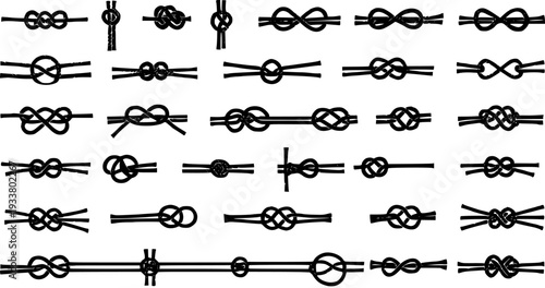 Collection of Various Knots and Rope Patterns, Black and White Vector Illustration