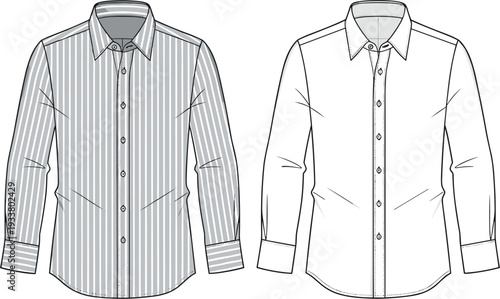 Technical fashion flat sketch of men formal dress shirt vector illustration with long sleeves button down collar and pinstripe pattern for apparel design.