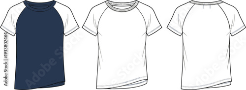 Raglan sleeve t-shirt technical flat sketch template featuring front and back views with navy blue contrast sleeves for sports and casual fashion design.
