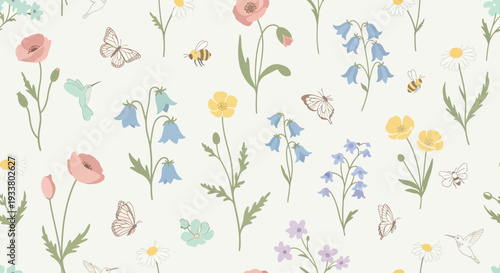 Whimsical floral pattern with butterflies and bees