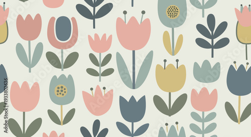 Vibrant floral pattern with colorful tulips and leaves