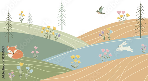 Whimsical forest scene with animals and flowers