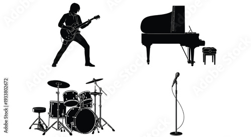 A black and white illustration of musical instruments and a musician