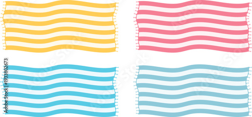 Beach towel, set of colored beach towels isolated on a white background. Vector designer illustration. Vector image.