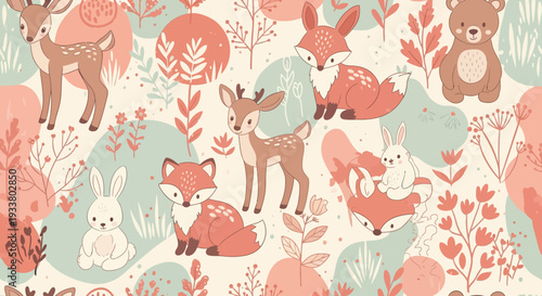 Cartoon woodland animals pattern with fawn rabbit and bear