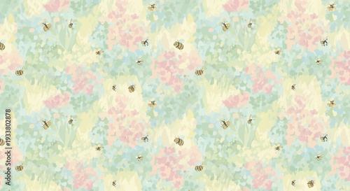 Vibrant floral pattern with flying bees