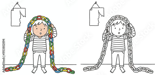 Worried Child Carrying Heavy Chain Color and Line Art Illustration