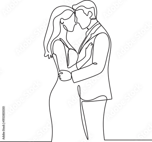 Minimalist continuous line art of a romantic couple embracing.