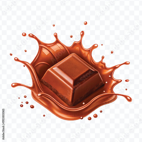 realistic 3d piece of chocolate with liquid chocolate splash in different style isolated on transparent background	