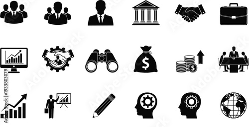 Business and Finance Black Silhouette Icons Set with Team, Bank, Handshake, Growth Chart and Global Symbols