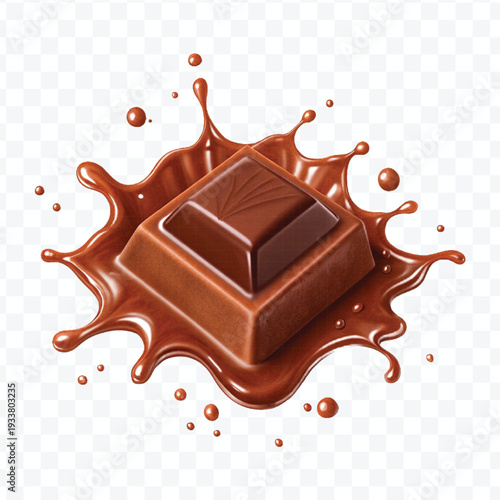 realistic 3d piece of chocolate with liquid chocolate splash in different style isolated on transparent background	