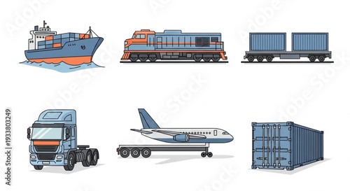 Collection of transportation vehicles and cargo containers.