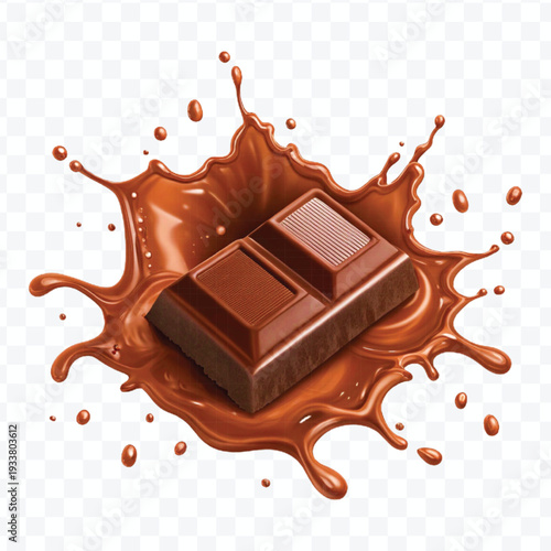 realistic 3d piece of chocolate with liquid chocolate splash in different style isolated on transparent background	
