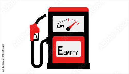 A gas pump with a gauge showing low fuel and an empty display, indicating a critical need for refueling.