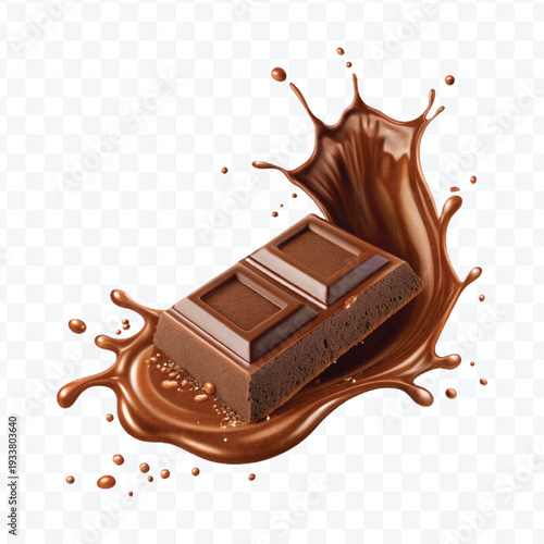 realistic 3d piece of chocolate with liquid chocolate splash in different style isolated on transparent background	