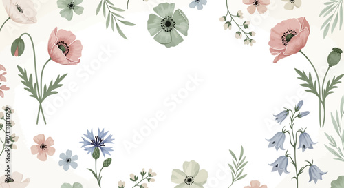 Whimsical floral border with colorful flowers and leaves
