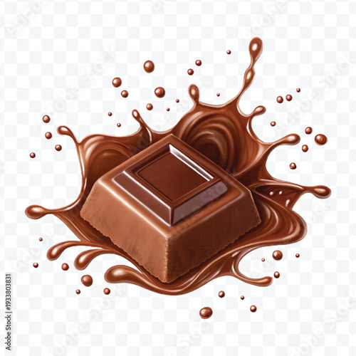 realistic 3d piece of chocolate with liquid chocolate splash in different style isolated on transparent background	