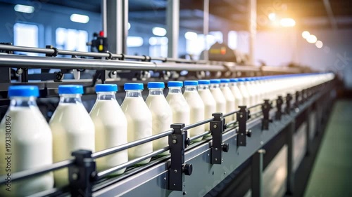 Automated production line processing rows of fresh milk bottles with blue caps on a conveyor belt