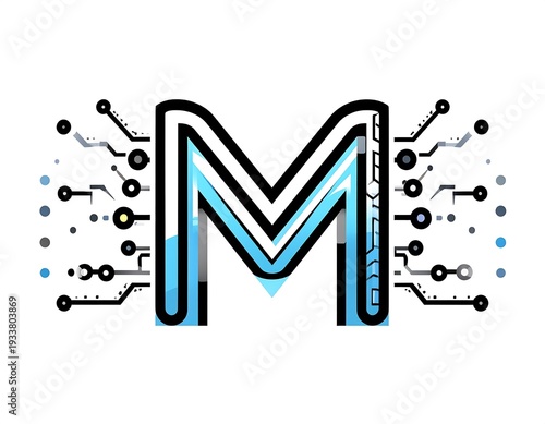 Wallpaper Mural A stylized letter "M" with a layered design, featuring black, white, and blue hues. It is decorated with circuitry elements Torontodigital.ca