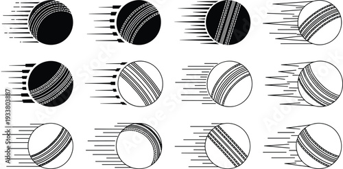 Cricket Ball Motion Icons Set with Speed Lines and Seam Detail Black and White Vector Collection