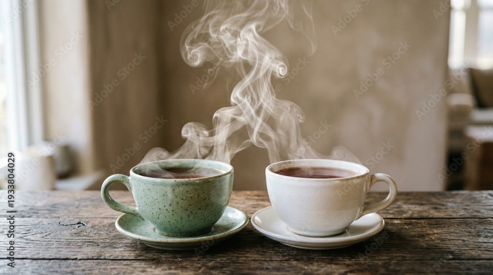 Fototapeta premium Two tea cups facing each other with steam intertwining, neutral background.