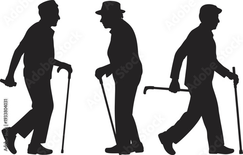 Senior man walking with cane silhouette collection isolated black and white vector illustration representing elderly people, retirement lifestyle and aging concept