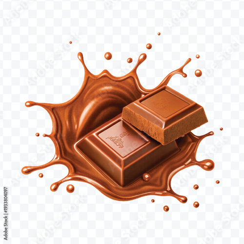 realistic 3d piece of chocolate with liquid chocolate splash in different style isolated on transparent background	
