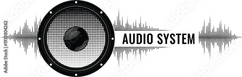 Modern Audio System Illustration with Speaker Silhouette, Digital Sound Wave Pattern, Music Equalizer and Vector Graphic Elements.