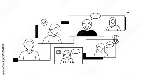 Multiple remote participants engage in a video conference call displayed across overlapping screen windows, communicating through speech and text bubbles during a virtual meeting.