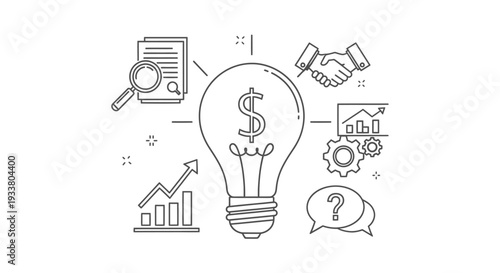 Central illuminated lightbulb symbolizing financial success and innovative ideas surrounded by essential business development elements like charts and agreements.