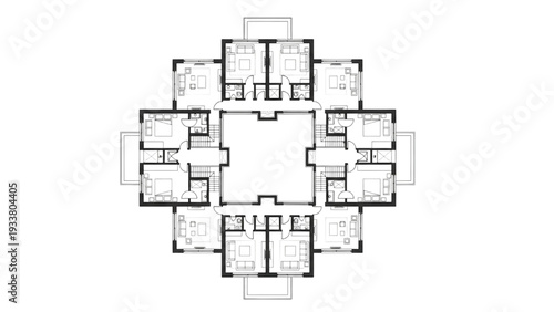 High Quality Black Line Art of Traditional Courtyard House with Symmetrical Rooms Around Open Inner Space, Top View Architectural Floor Plan Illustration