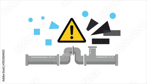 Industrial pipeline system with a warning sign indicating potential contamination or blockage from debris.