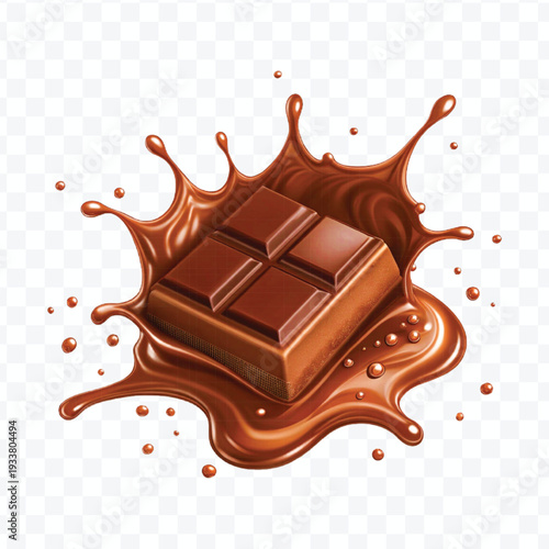 realistic 3d piece of chocolate with liquid chocolate splash in different style isolated on transparent background	