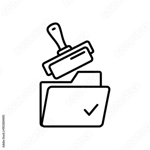 Approved document folder with rubber stamp, checked file icon