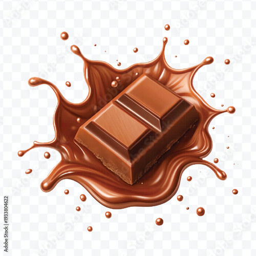realistic 3d piece of chocolate with liquid chocolate splash in different style isolated on transparent background	