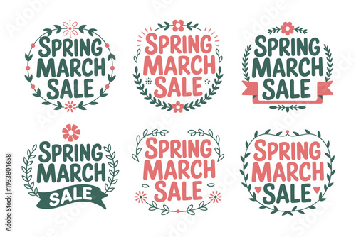 Spring March sale vector illustration set with floral wreaths and banners