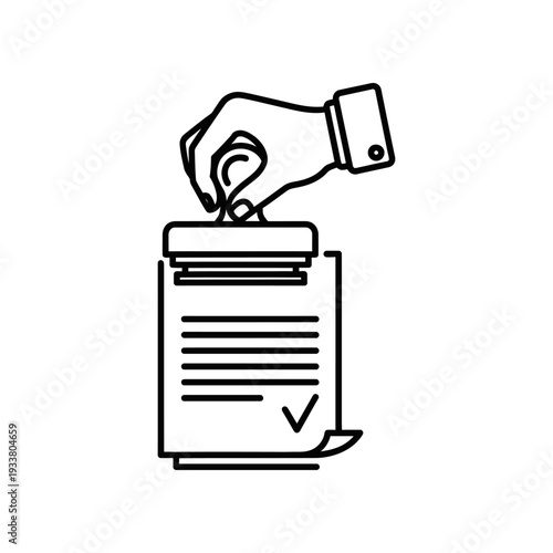 Hand putting a coin into a donation box with a checklist, symbolizing charity and generosity in a simple line art style.