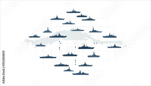 Illustration of warships surrounding an island, possibly Cuba, depicting a naval blockade or military presence.