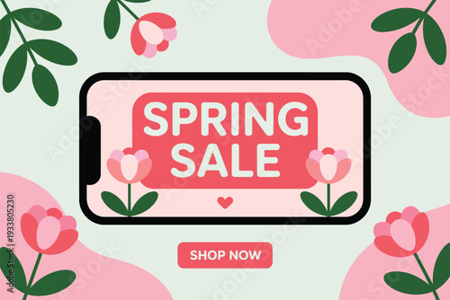 A smartphone screen displaying a vibrant spring sale advertisement with flowers
