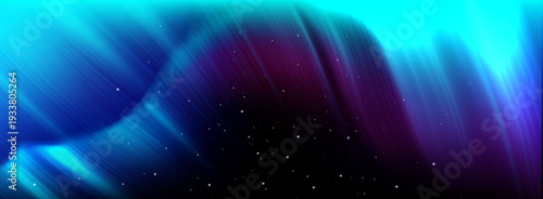 Aurora borealis lights in northern starry sky with vibrant green and purple gradient realistic vector background. Magical polar night atmosphere, abstract winter arctic bg with neon light