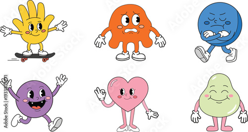 A colorful collection of six cartoon characters with different shapes and emotions on a white background