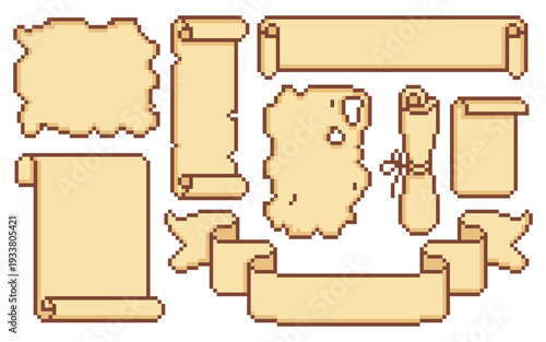 Photography Pixel art game scrolls, vintage parchment texture frames and decorative borders, cartoon vector isolated on white