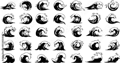 Set of Hand-Drawn Water Waves: Vintage Ocean Collection
