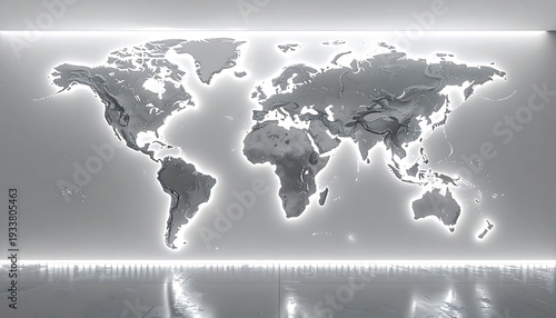 Wallpaper Mural A stylized map of the world glows against a bright background, showcasing topographical features. A polished floor adds depth Torontodigital.ca