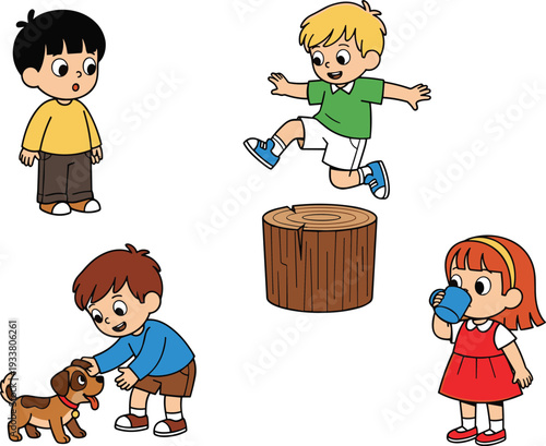Cute Kids Daily Activities Cartoon Set with Playing, Jumping and Petting Dog Vector Illustration