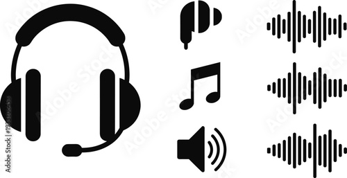 Audio icon collection, headset silhouette, music symbol artwork, sound wave vector, speaker design illustration, earbud sketch, decorative outline, modern logo