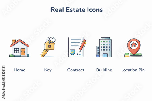 Collection of Real Estate Icons Featuring Home Key Contract Building and Location Pin Symbols